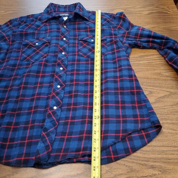 Wrangler Men's Large Pearl Snap Long Sleeve Blue/Red Plaid Flannel Shirt - Picture 6 of 6